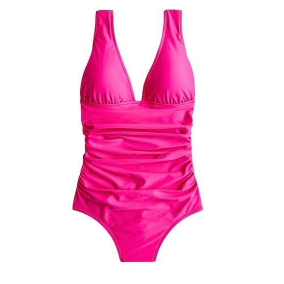 NWT J. Crew Ruched V-neck One-Piece in Radiant Fuschia - Picture 2 of 12